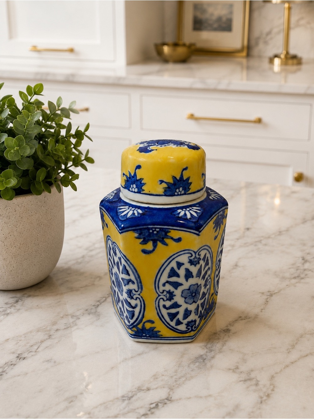 Vintage Chinese Porcelain Ginger Jar Blue Yellow Chinoiserie Hexagon Tea Caddy